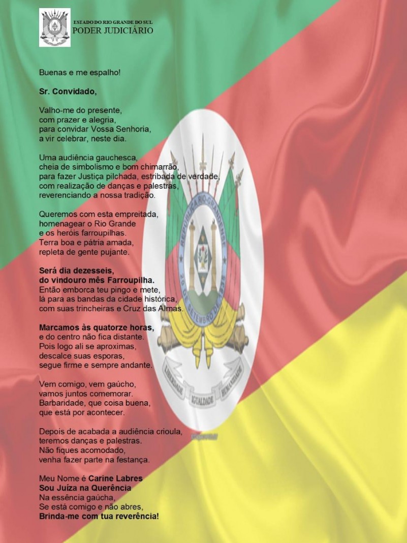 Viamão (RS) – A defensora pública da Defensoria Pública Regional de Viamão Paula Britto Granetto, vai participar de uma audiência pública repleta de simbolismo no município: o Fórum local vai realizar uma audiência gauchesca, com festividades alusivas ao