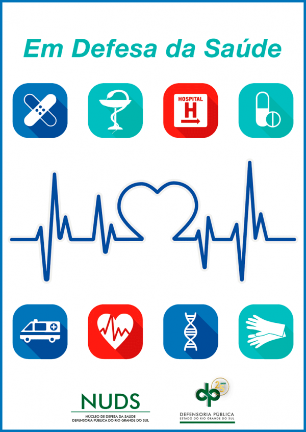 Capa do folder Em Defesa da Saúde. Fundo branco, com ícones que remetem ao universo da saúde espalhados pela imagem