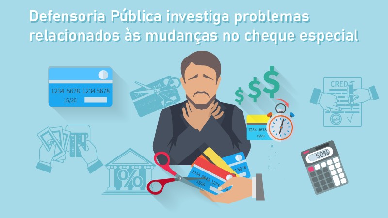 Imagem ilustrativa de um homem endividado com os dizeres Defensoria Pública investiga problemas relacionados às mudanças no cheque especial