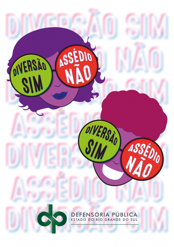 Capa traz dois rostos coloridos com óculos grandes de lentes redondas, cada óculos com uma lente com a frase "diversão sim" e a outra "assédio não"