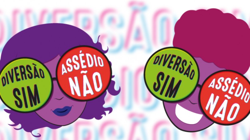 Ilustração de dois rostos coloridos com óculos grandes de lentes redondas com a frase "Diversão Sim, Assédio Não".
