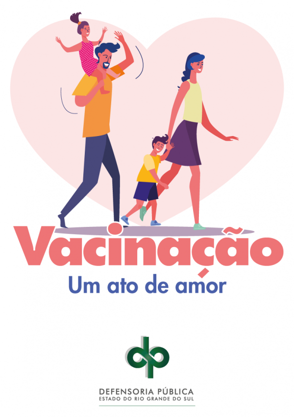 Capa da Cartilha sobre Vacinação. Um casal com dois filhos sorrindo e caminhando. Ao fundo um coração.