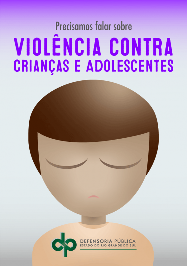 Capa da cartilha Violência contra crianças e adolescentes. Ilustração do rosto de um menino com semblante triste.
