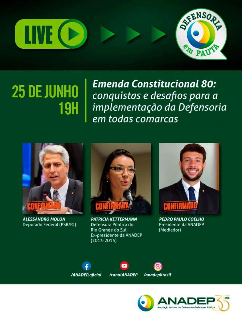Card verde escuro com informações sobre a live que acontecerá no dia 25 de junho, as 19 horas, sobre a emenda constitucional 80, com a foto e o nome dos participantes.
