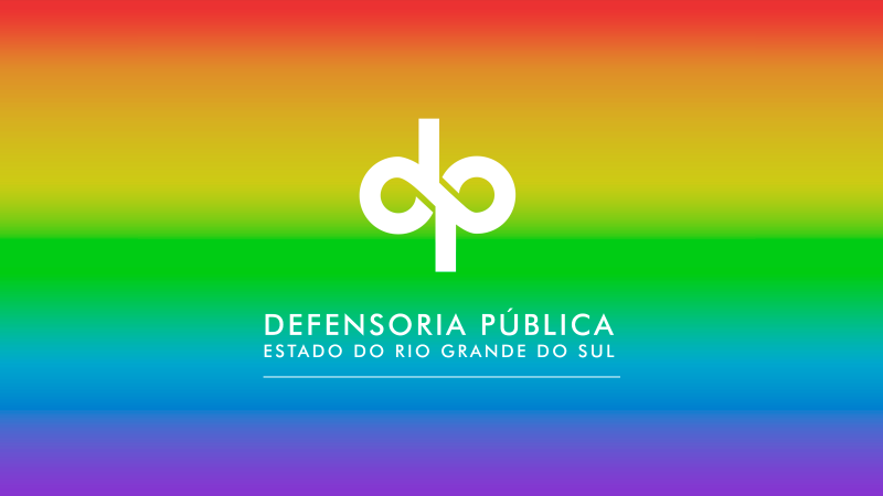 fundo com as cores do arco íris e a logomarca da Defensoria Pública em branco, no primeiro plano