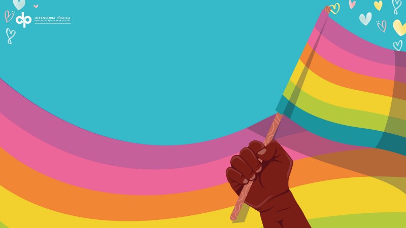 ilustração de uma mão negra segurando uma bandeira com as cores do arco-íris e do movimento lgbtqia+