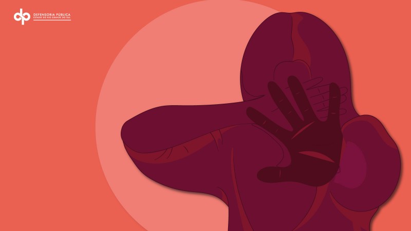 ilustração de uma mulher, com a mão pra frente e a outra mão tapando o rosto para se proteger