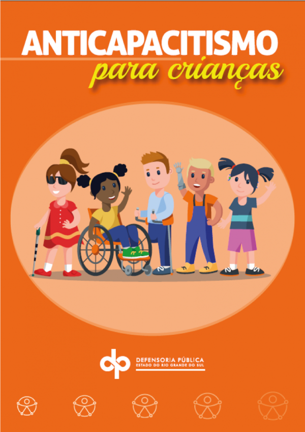 Capa da cartilha Anticapacitismo para Crianças, que traz a imagem de crianças com diferentes deficiências acenando e sorrindo.