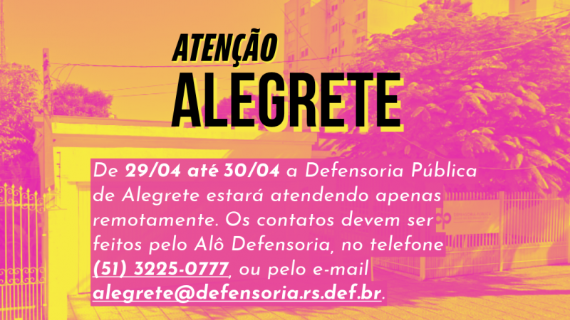A Defensoria Pública Regional de Alegrete suspendeu os atendimentos presenciais hoje (29) e amanhã (30), em razão de estragos causados pelas chuvas das últimas horas.
Além de infiltração de água nas salas, a energia elétrica geral foi desligada como medida de segurança e a fim de evitar riscos adicionais.
O atendimento seguirá de forma remota pelo Alô Defensoria (51) 3225-0777 ou pelo e-mail alegrete@defensoria.rs.def.br.
A previsão de retorno dos atendimentos presenciais é quinta-feira (2).
