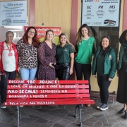 Oito mulheres estão de pé posando para a foto. Em primeiro plano o banco vermelho em destaque. Lê-se: Disque 180, Denuncie, Não se cale!