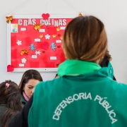 Servidora com colete da Defensoria Pública, ao fundo defensores atendem o público e mural escrito CRAS Colinas.