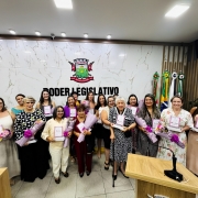 15 mulheres, de diferentes idades, recebendo o Troféu Mulher Cidadã.
