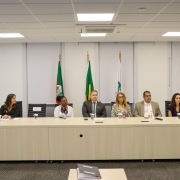 imagem da mesa principal, composta por, além de Rodrigo e Nilton; a representante da Presidência da Assembleia Legislativa, deputada Laura Sito; a ouvidora-geral do Tribunal de Justiça do RS, Jane Vidal; a representante da Câmara de Vereadores, vereadora Grazi Oliveira; secretária-geral adjunta da Ordem dos Advogados do Brasil (OAB/RS), Regina Soares; corregedor-geral da DPE, Marcelo Turela de Almeida; presidente da Associação das Defensoras e dos Defensores Públicos do RS (ADPERGS), Maína Pech.