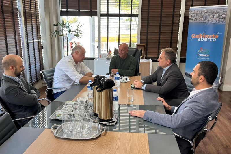 foto da reunião, em que os participantes estão sentados em uma mesa retangular