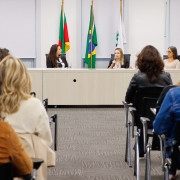 Público reunido assistindo a uma palestra.