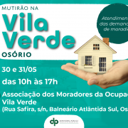 Card verde com informações de data e horário do mutirão de atendimento que será realizado na ocupação Vila Verde, em Osório.