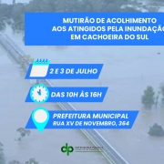 Card com informações de data, local e horário do mutirão de atendimento aos atingidos pela inundação em Cachoeira do Sul. Ao fundo, imagem da cidade inundada.