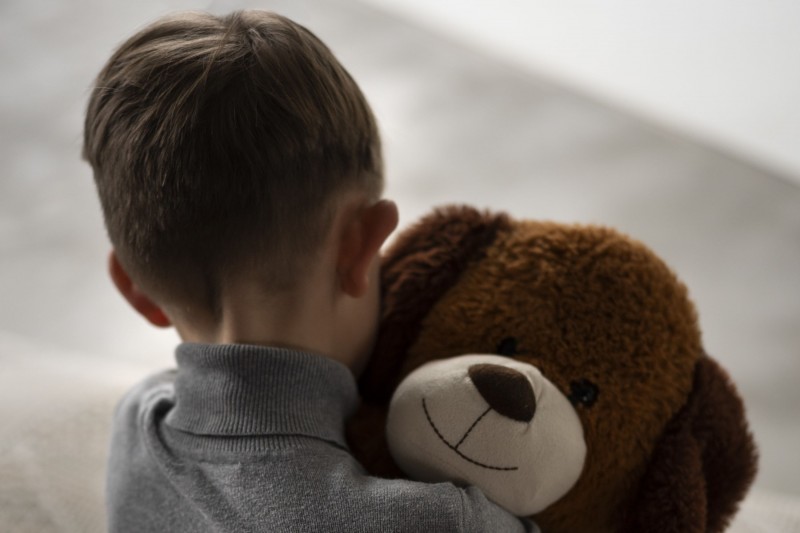 Criança de costas segurando um urso de pelúcia