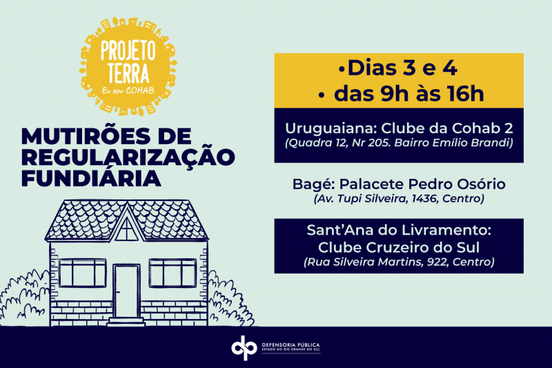A imagem mostra a ilustra&ccedil;&atilde;o de uma casa na cor azul-escuro sobre um fundo azul-claro, com as informa&ccedil;&otilde;es de data, hora e locais do mutir&atilde;o.