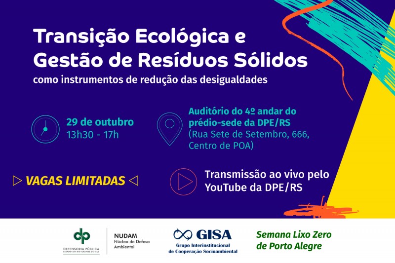 Card com fundo roxo e detalhes em amarelo, azul e laranja. L&ecirc;-se, nas letras azuis, amarelas e brancas, informa&ccedil;&otilde;es sobre data, local e hor&aacute;rio do evento.