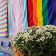 Mesa da cerimônia com flores e bandeiras lgbtqia+ 