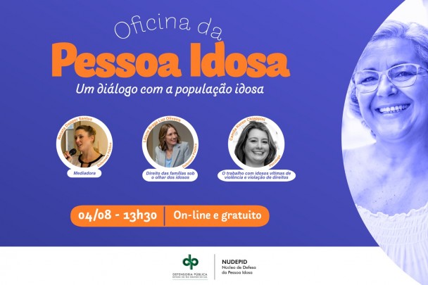Mediada pela defensora p&uacute;blica Renata Dapper dos Santos, dirigente do NUDEPID, a oficina conta com palestras tem&aacute;ticas relacionadas &agrave; defesa dos direitos da pessoa idosa. A dirigente do N&uacute;cleo de Defesa das Fam&iacute;lias (NUDEFAM), Liliane Braga Luz Oliveira, apresenta o painel &ldquo;Direito das fam&iacute;lias sob o olhar dos idosos&rdquo; e a psic&oacute;loga Camila Koren Chiappini discorre sobre &ldquo;O trabalho com idosos v&iacute;timas de viol&ecirc;ncia e viola&ccedil;&atilde;o de direitos&rdquo;.