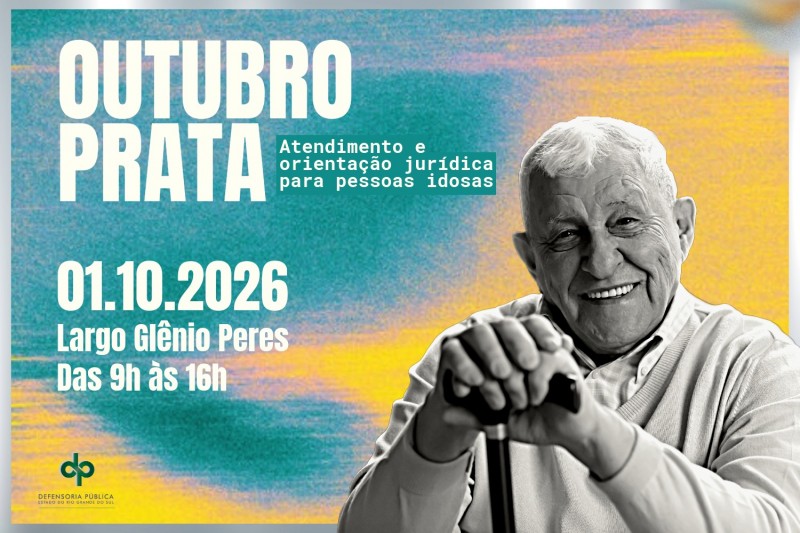 Pessoa idosa sorri em imagem preto e branco. No fundo colorido em azul e amarelo aparecem as informa&ccedil;&otilde;es sobre o mutir&atilde;o.