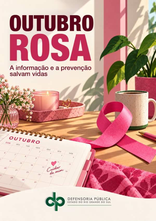 Capa em tons suaves de rosa, verde e bege, com imagem de uma mesa com plantas, caneca, laço e planner no mês de outubro. Acompanha o texto "Outubro Rosa: a informação e a prevenção salvam vidas" e assina com a logo da DPE/RS